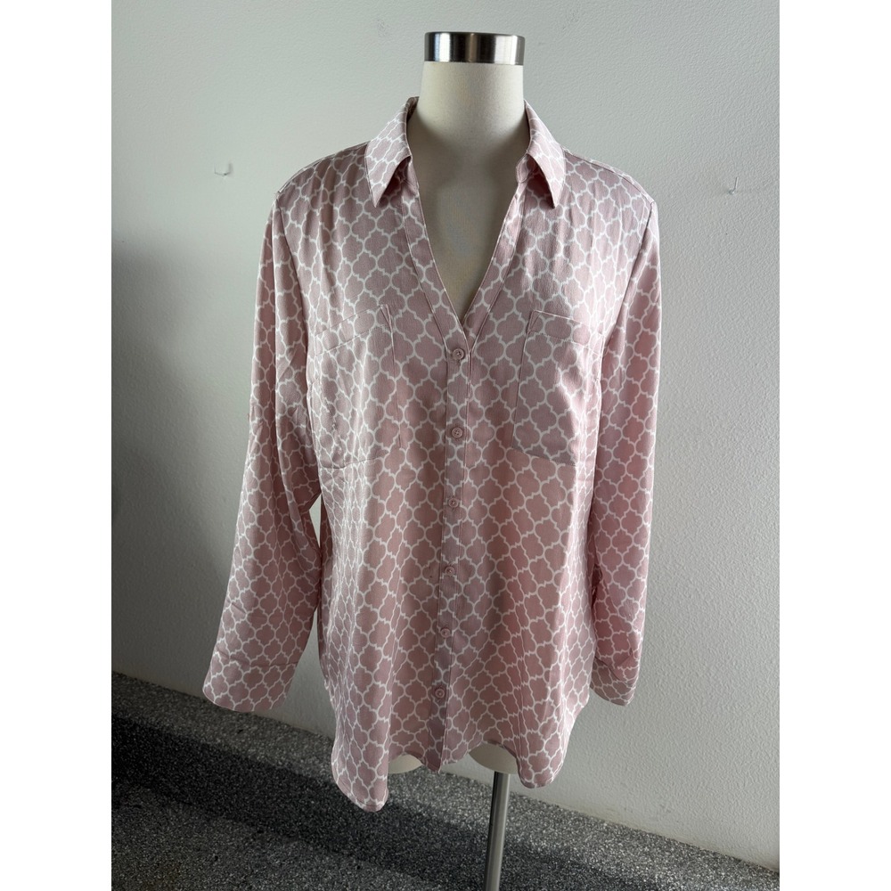 Express Portofino Shirt Womens XL Original Pink Quatrefoil Lattice Button Up